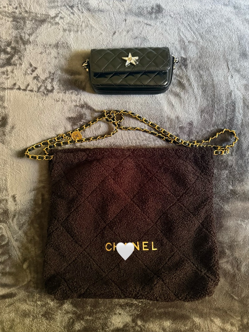 DESIGNER INSPIRED Black Quilted Patent Mini Crossbody with Gold Chain and Star